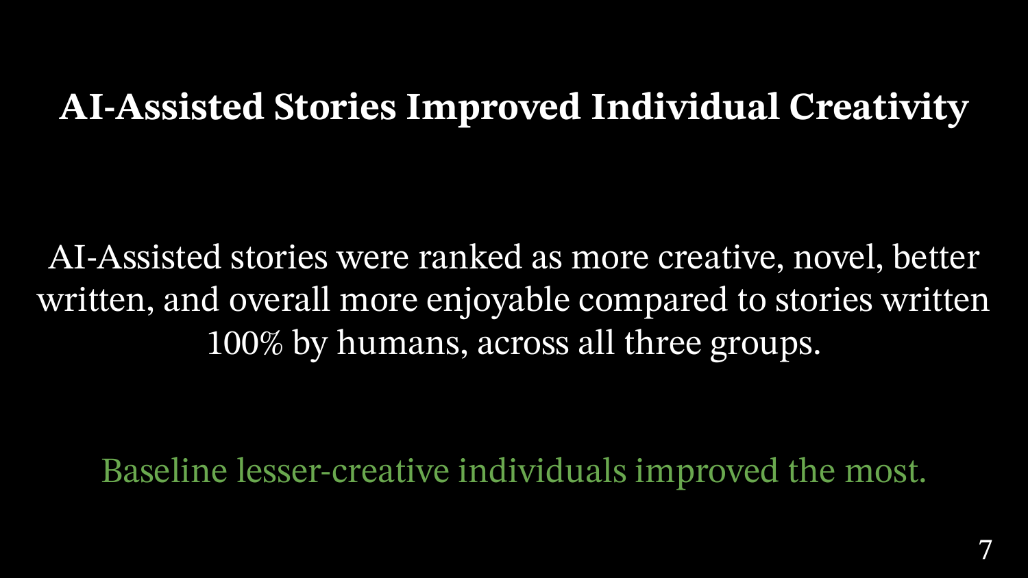 Slide titled AI-Assisted Stories Improved Individual Creativity