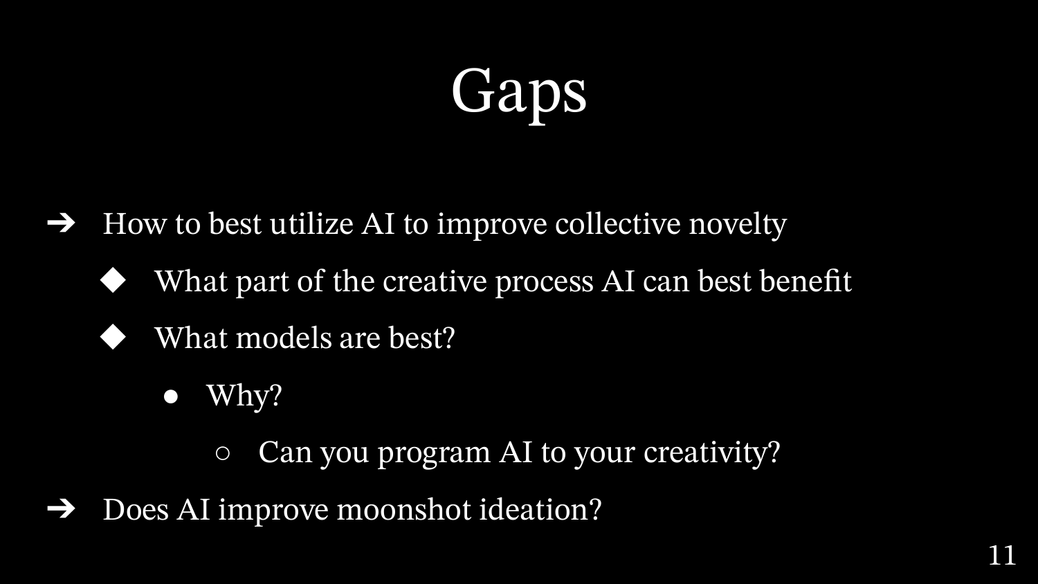 Slide titled Gaps, listing open research questions